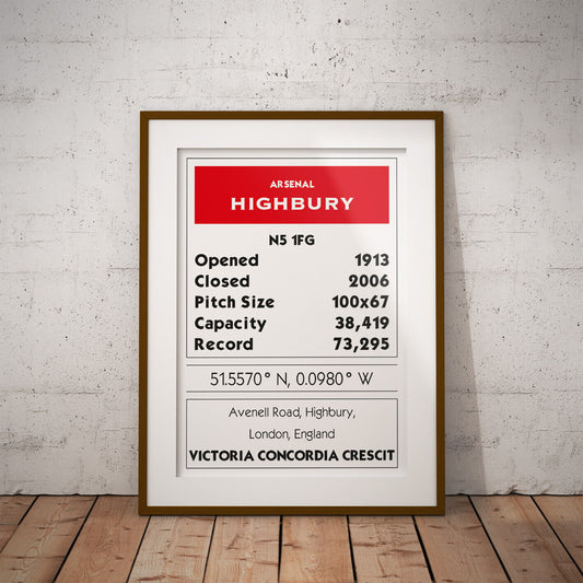 arsenal emirates stadium n7 football postcode location geography sporting fan soccer minimalist fun retro vintage dms travel stadium ground wall art home decor gift print design pixel8er fun monopoly card property lost grounds stadium