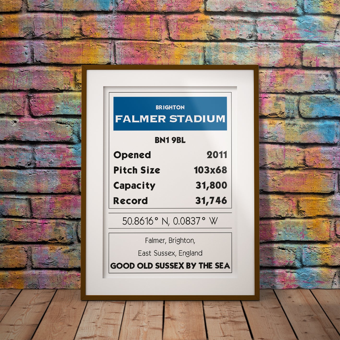 property buy monopoly deed retro falmer bn19bl brighton seagulls amex stadium premier league football postcode location geography sporting fan soccer minimalist fun retro vintage dms travel stadium ground wall art home decor gift print design pixel8er