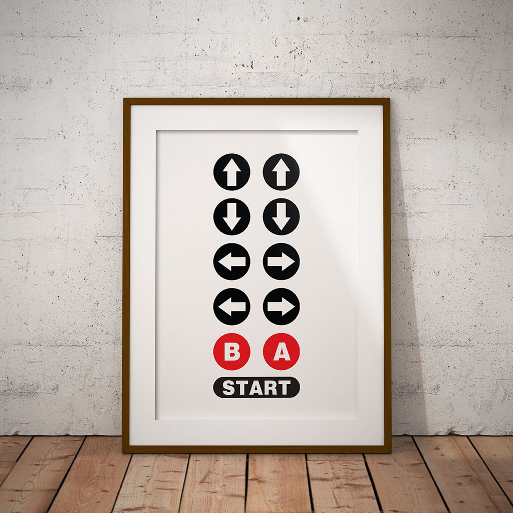 buy Up Up Down Down konami code cheat print geek nerd gaming game room decor art pixel8er