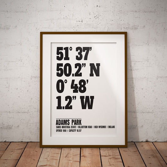 buy Wycombe Wanderers adams park stadium coordinates location geography print football decor pixel8er