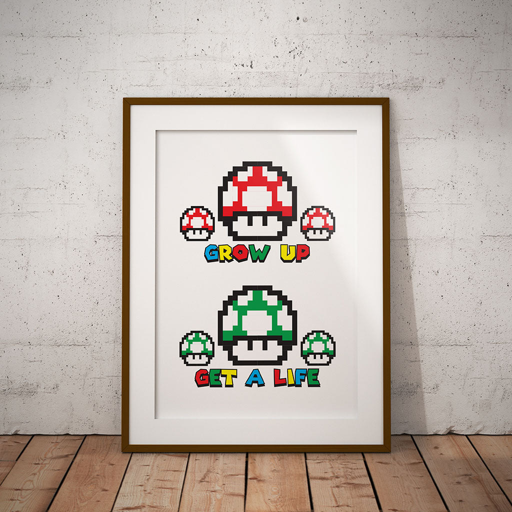grow up get a life geek nerd pixel8er decor gamer game room print mushroom mario power up gaming retro 8bit instant digital download pixel art Sony Microsoft gameboy super toad peach bros gift wall art boy girl room